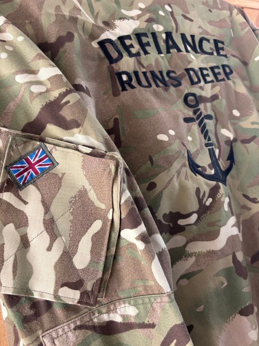 Repurposed British Army Camo Embroidered Jacket (Size Large) DRD Anchor Logo (1)