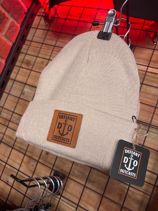 Light Knit Leather Patch Beanie (Stone)