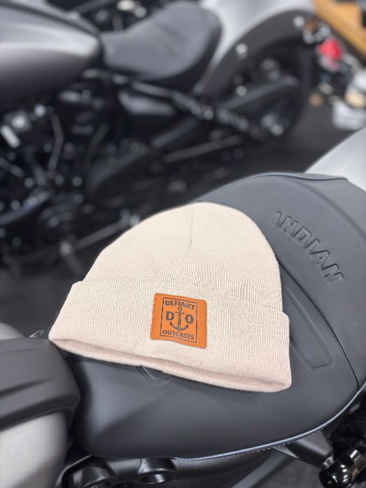 Light Knit Leather Patch Beanie (Stone)