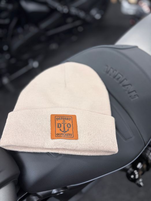 Light Knit Leather Patch Beanie (Stone)