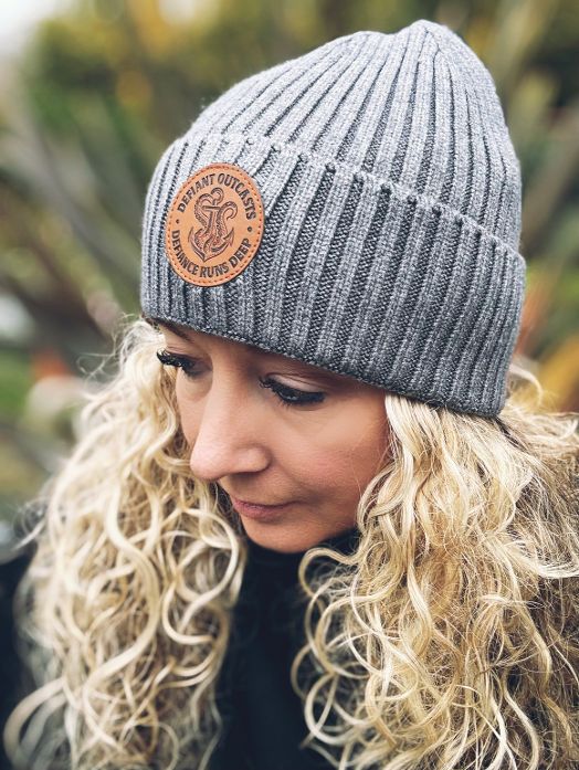 Grey Leather Patch Beanie