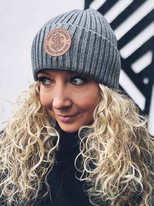 Grey Leather Patch Beanie
